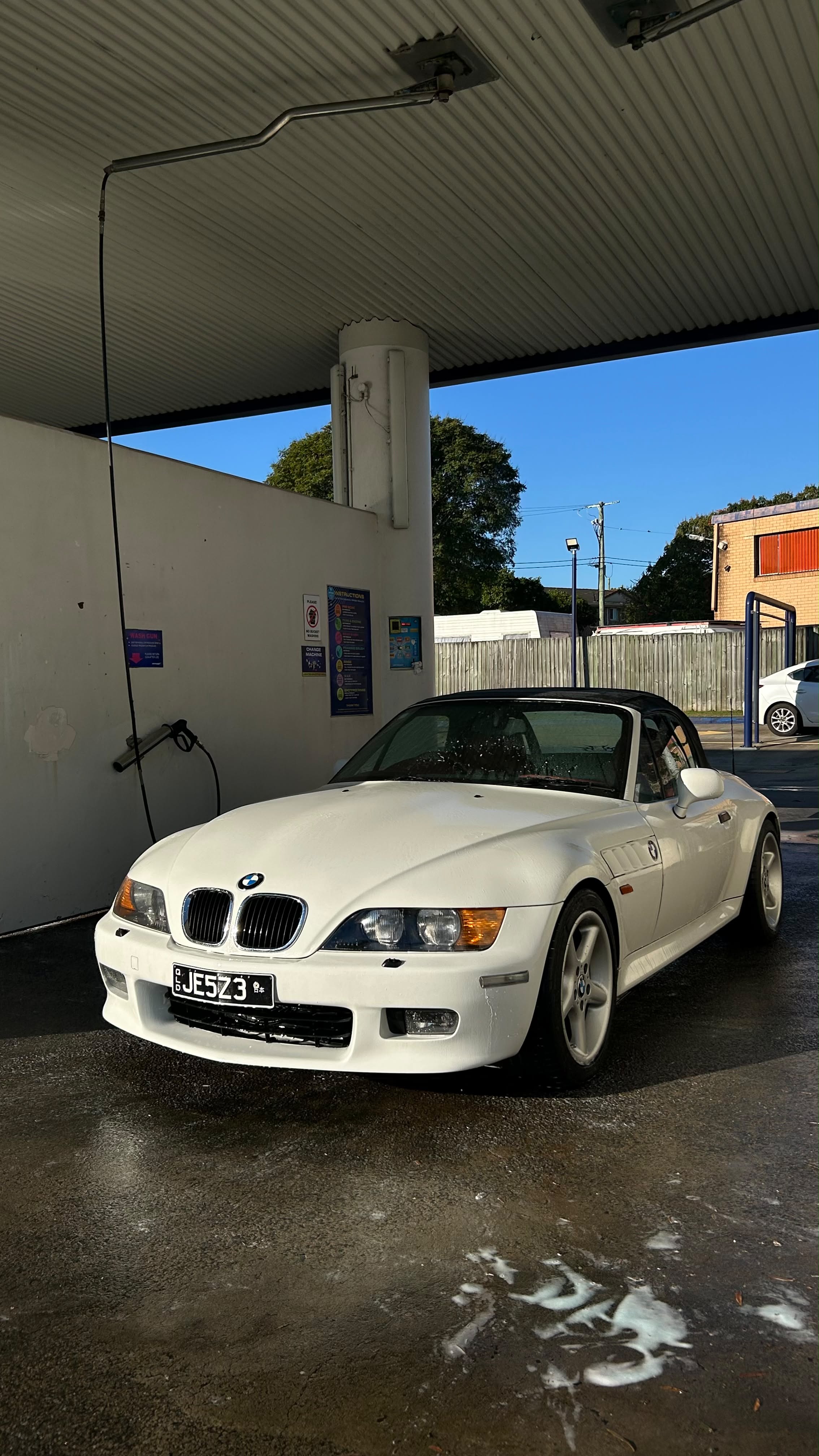Front three quarter view of Jess’s Z3 at a car wash